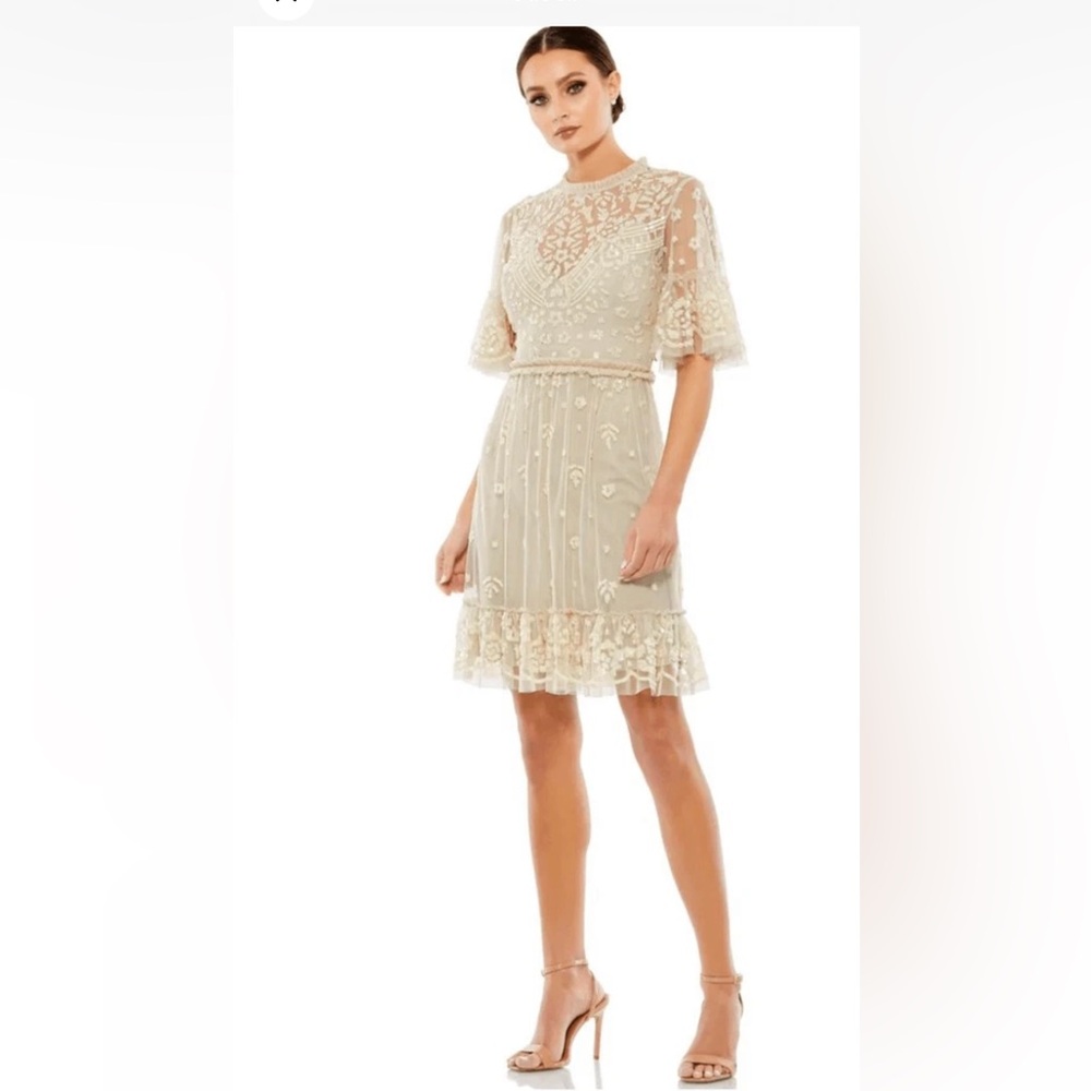 Mac Duggal Embellished Illusion High Neck Mini Dress Nude Multi Women's Size 14‎